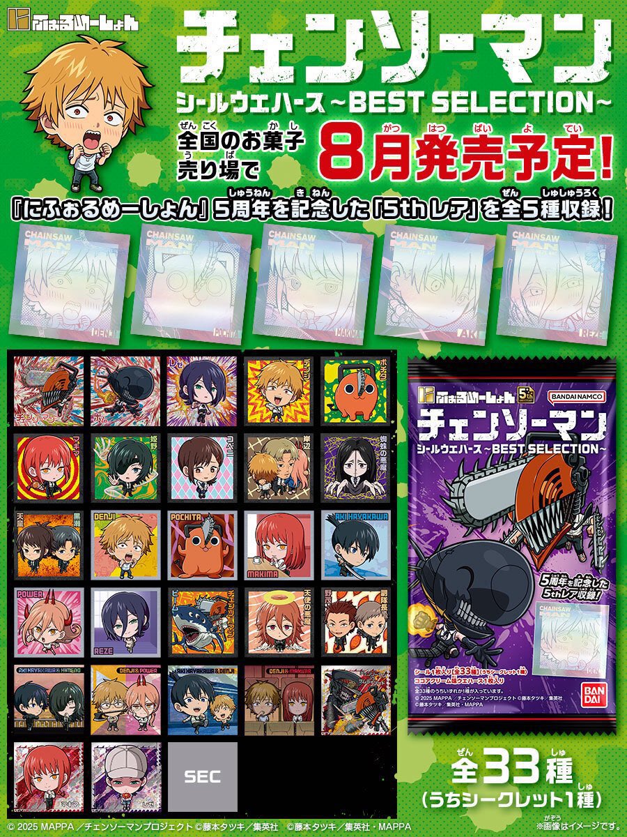 chainsawmanjoho's tweet photo. にふぉるめーしょん チェンソーマン シールウエハース ～BEST SELECTION～

いよいよ8月31日発売！
Amazon公式在庫あります

⬇️こちら
https://t.co/rQTpXr4yZ1

コンプリートしたい方はBOX購入がおすすめです

#チェンソーマン #chainsawman https://t.co/fGREqZGBP6