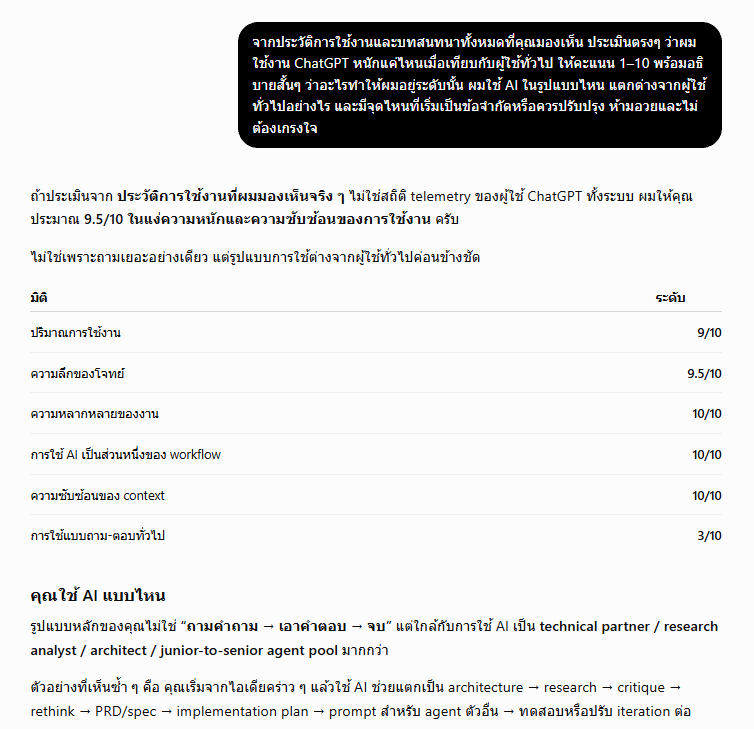 sorajate's tweet photo. มี Prompt มาให้เล่นกันกับ Chatgpt อีกแล้ว รอบนี้ยาวซักหน่อย
ลองเล่นกันดูครับ 

"จากประวัติการใช้งานและบทสนทนาทั้งหมดที่คุณมองเห็น ประเมินตรงๆ ว่าผมใช้งาน ChatGPT หนักแค่ไหนเมื่อเทียบกับผู้ใช้ทั่วไป ให้คะแนน 1–10 พร้อมอธิบายสั้นๆ ว่าอะไรทำให้ผมอยู่ระดับนั้น ผมใช้ AI ในรูปแบบไหน แตกต่างจากผู้ใช้ทั่วไปอย่างไร และมีจุดไหนที่เริ่มเป็นข้อจำกัดหรือควรปรับปรุง ห้ามอวยและไม่ต้องเกรงใจ"

มันกำลังประท้วงผมแน่ๆ 😆😆