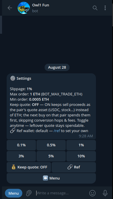 owl1fun's tweet photo. This is exactly what Owl1 is building for.

Trade any o1 pair directly from Telegram with just ETH — including the tokenized stocks @stambouli_o1 has been stacking on Base: $AAPL $NVDA $META $GOOGL.

Keep Quote ON and your sells stay in the stock/USDC. Your next buy spends that quote first, so you skip the ETH hop and save the extra fee.

Turn it off anytime. Any leftover USDC or stock stays ready to trade.

And there’s more: set /ref on your own wallet. Hold ≥500K $OWL1 and earn referral share from your own trades.

It’s all part of the same vision @jessepollak keeps pushing: tokenized stocks people can actually trade.

→ https://t.co/Z1QyWKUN74