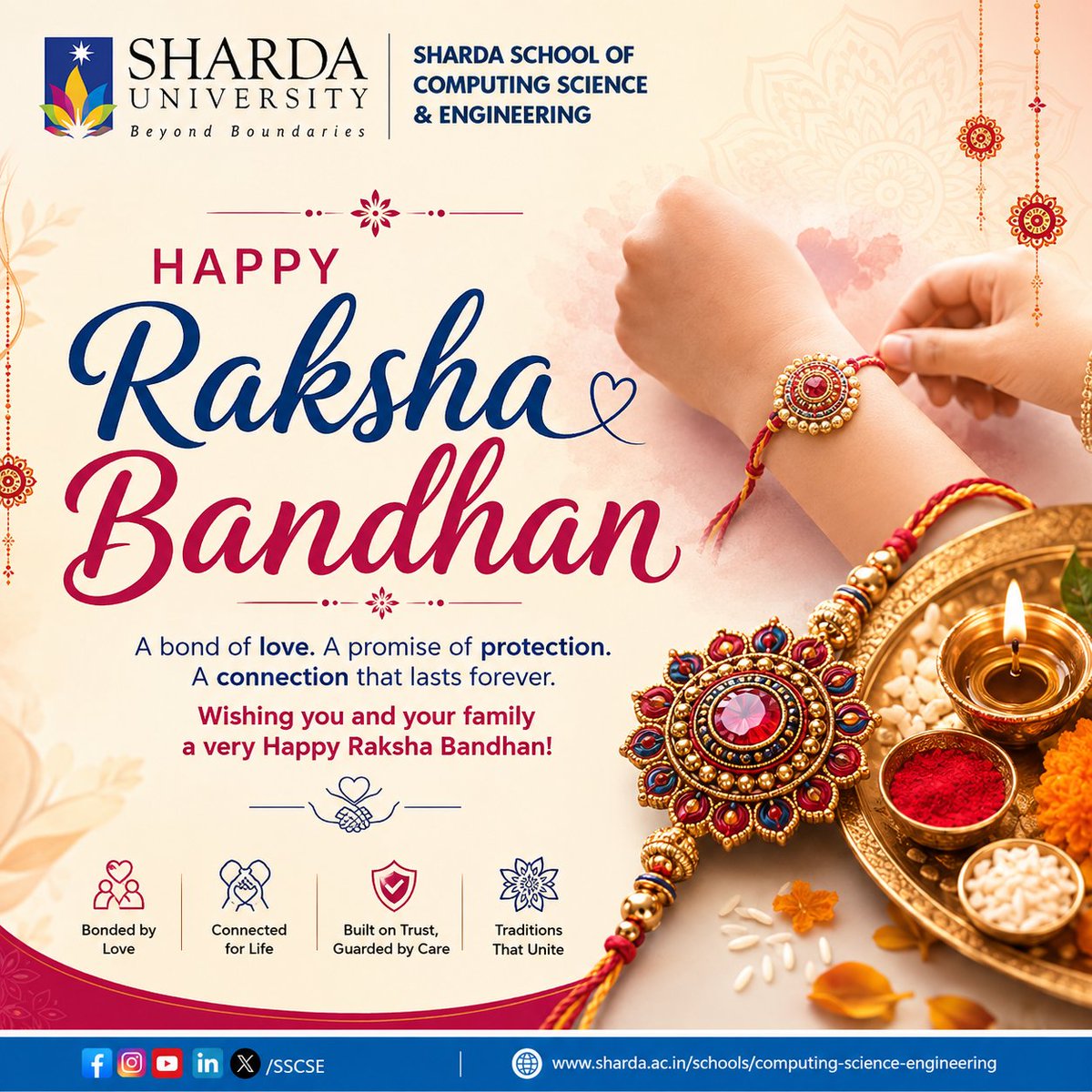 ShardaSSCSE's tweet photo. 🪢 Celebrating the Bond of Love &amp; Protection! ❤️

This Raksha Bandhan, SSCSE, Sharda University, Greater Noida, celebrates the timeless bond of love, trust, care, and togetherness that makes every relationship special. Wishing you and your family a very Happy Raksha Bandhan! https://t.co/cBGjXITK5k