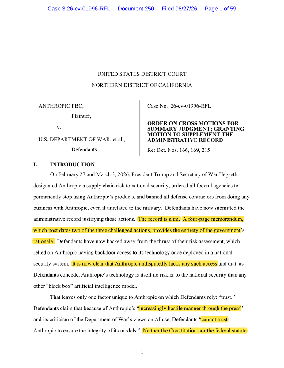 ns123abc's tweet photo. 🚨BREAKING: ANTHROPIC WINS. PENTAGON BLACKLIST RULED UNCONSTITUTIONAL.

Federal judge in California just ruled:

>Pentagon's effort to blacklist Anthropic violated the First Amendment
>violated Due Process Clause of the Fifth Amendment
>Supply chain risk designation: VACATED
>Permanent injunction. DOD must rescind all guidance against Anthropic. Case closed.

Pentagon blacklisted Anthropic because of its "increasingly hostile manner through the press" and criticism of DOD's views on AI.

Judge Lin:

"Neither the Constitution nor the federal statute invoked by Defendants allows them to impose sweeping penalties based principally on Anthropic's critique of the Administration's views."