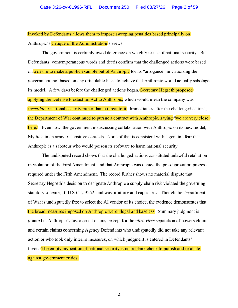 ns123abc's tweet photo. 🚨BREAKING: ANTHROPIC WINS. PENTAGON BLACKLIST RULED UNCONSTITUTIONAL.

Federal judge in California just ruled:

>Pentagon's effort to blacklist Anthropic violated the First Amendment
>violated Due Process Clause of the Fifth Amendment
>Supply chain risk designation: VACATED
>Permanent injunction. DOD must rescind all guidance against Anthropic. Case closed.

Pentagon blacklisted Anthropic because of its "increasingly hostile manner through the press" and criticism of DOD's views on AI.

Judge Lin:

"Neither the Constitution nor the federal statute invoked by Defendants allows them to impose sweeping penalties based principally on Anthropic's critique of the Administration's views."