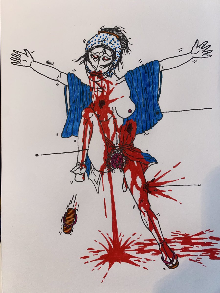 arekkusuninja's tweet photo. A mortally wounded “geisha kunoichi” flees battle as she is brutally shot over and over again. She runs wildly as bullets tear into her. Her zori flip flops flying off her tank clad feet. Her thin kimono slips open as she runs. Revealing her plump breasts and her obscene, hairy, gaping shunga like pussy. Blood pours from her wounds like rivers. Her eyes cross in terror as blood oozes from her mouth. 
The most pathetic warrior. A naive and under equipped “geisha kunoichi”. A foolish woman who think she could dress like a ninja and go into battle. Only to end up running away, half naked, and bleeding to death. 

This was an interesting drawing for me to create. The purpose (besides making extreme shunga / ero guro) was to create the most pathetic zako. A geisha with no training tying a peasant rag around her face and going into battle. Only to be brutally defeated while half naked. Also I want to point out that this is just fantasy art. I mean no harm to anyone. I enjoy drawing bloody shunga of both male and female zako ninja.

#ninja #eroguro #shunga #gore #hentai #kunoichi #ukiyoe #zako #ryona #heroine #bloodykunoichi