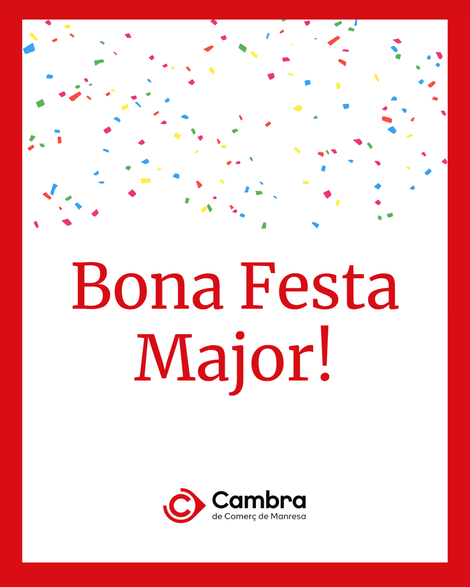 Cambramanresa's tweet photo. 🎉 Dilluns 31 d’agost les oficines de la Cambra romandran tancades amb motiu de la Festa Major de Manresa.
🥳 Des de la Cambra us desitgem una molt bona Festa Major!
#FestaMajorManresa #Manresa #CambraManresa #Bages https://t.co/FuuXaHHaQK