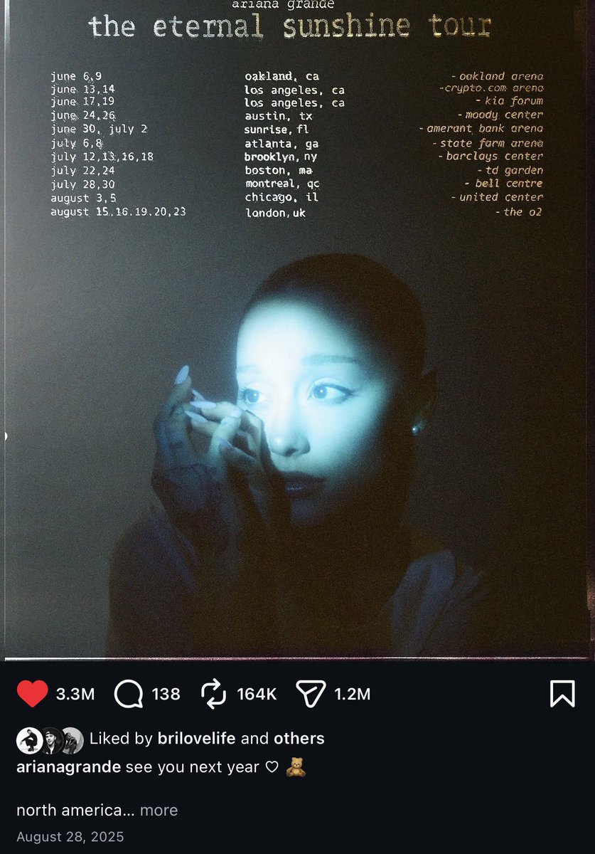 cambeserious's tweet photo. ariana’s tour announcement was posted exactly one year ago today :’) only 3 shows left https://t.co/hg2UMG0CKf