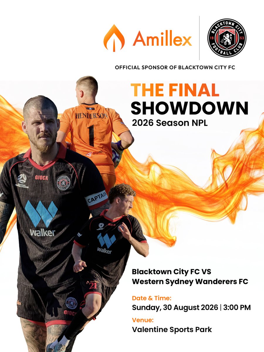 amillexglobal's tweet photo. Every battle. Every stride. All for this final moment. ⚽🔥

As the 2026 season comes to a close, Blacktown City FCtakes on Western Sydney Wanderers FC this Sunday in a key ladder showdown!

From overcoming challenges to pushing through till the end, the team has shown true resilience. As the Official Partner, Amillex is proud to stand side-by-side with Blacktown City FC.

Leave it all on the field, boys. Finish strong! 💪🖤
📅 Sunday, 30 August 2026 | 3:00 PM
📍 Valentine Sports Park
#Amillex #BlacktownCityFC #SeasonFinale #NPLNSW #OfficialPartner #BackTheBoys #Matchday #FinishStrong #SydneyFootball