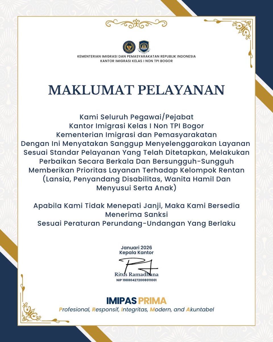 ImigrasiBogor's tweet photo. Kami Seluruh Pegawai/Pejabat
Kantor Imigrasi Kelas I Non TPI Bogor Kementerian Imigrasi dan Pemasyarakatan
Dengan Ini Menyatakan Sanggup Menyelenggarakan Layanan
Sesuai Standar Pelayanan Yang Telah Ditetapkan, Melakukan Perbaikan Secara Berkala Dan Bersungguh-Sungguh Memberikan https://t.co/gf6c8APHMq
