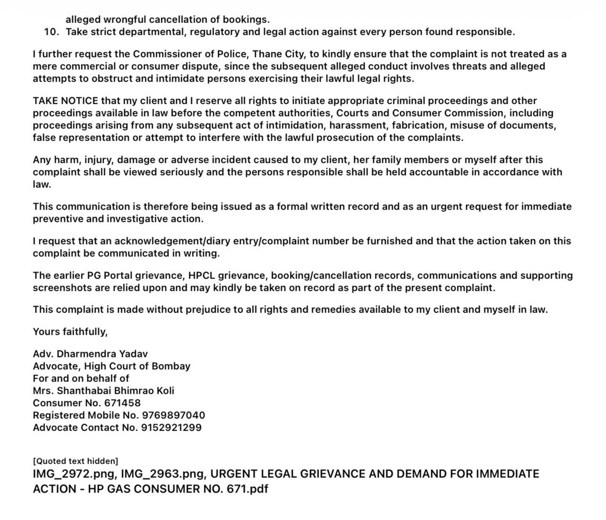 adv_dryadav's tweet photo. @HPCL @PetroleumMin @MoPNG_eSeva This is no longer merely a consumer grievance. I request immediate police protection, preservation of call/CCTV evidence and strict legal action against those responsible.
Consumer No. 671458. Detailed legal complaint attached. https://t.co/jNHq7axAF9