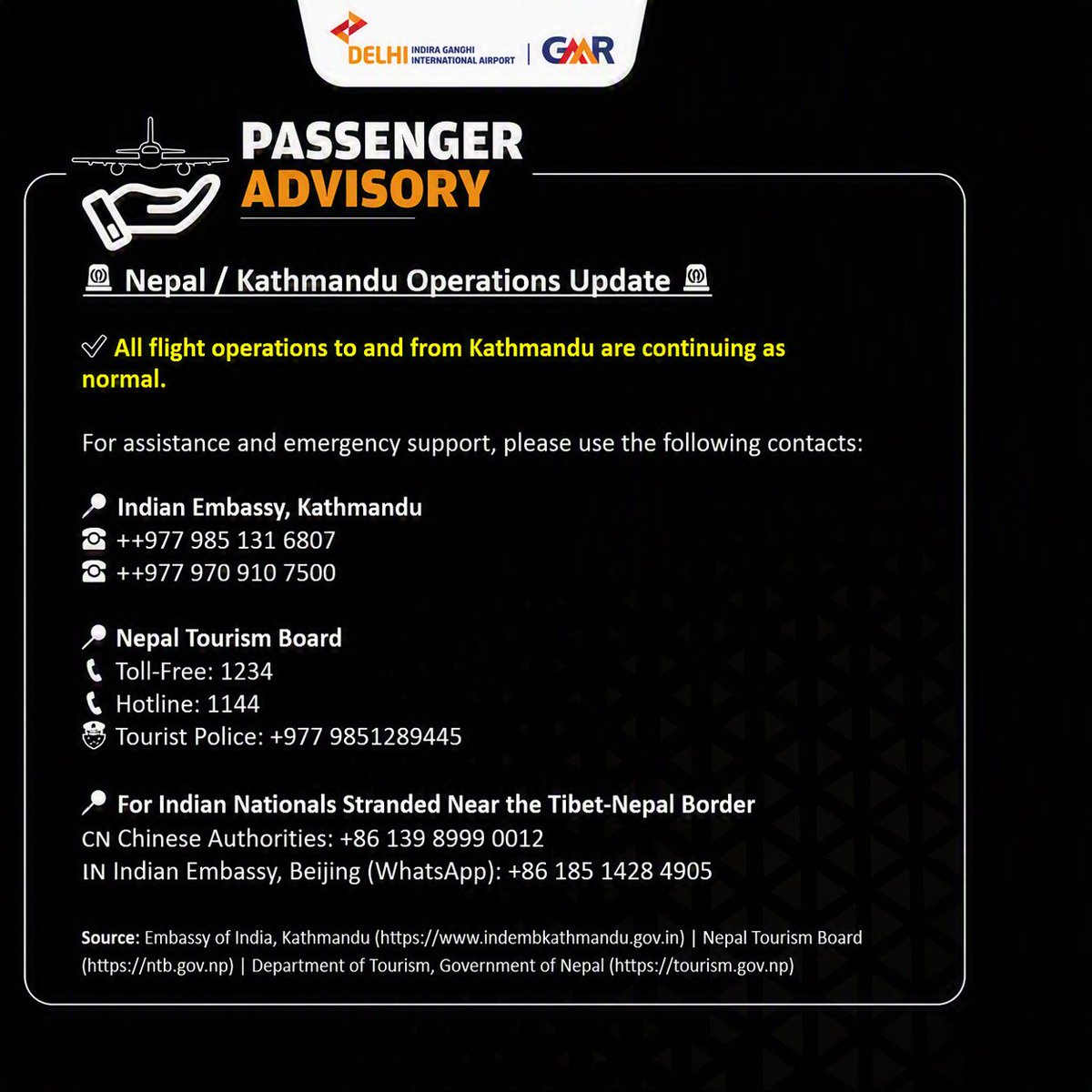 DelhiAirport's tweet photo. Delhi Airport advises passengers to stay updated through official channels and airline communications for any travel-related information.

#TravelAdvisory #KathmanduFlights #DelhiAirport #PassengerUpdate #TravelSupport https://t.co/OBvKXJPiCy