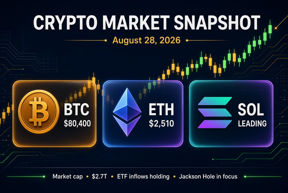 CryptoPulseXgl's tweet photo. Here are original, ready-to-post X updates you can use today. All wording is original.

Post 1 (Market snapshot)
BTC holding near $80K this morning after a strong week. ETH steady around $2,500. SOL leading the majors with another solid day. Total crypto market cap sitting near $2.7T. ETF inflows still coming in. Eyes on Jackson Hole. Not financial advice.

#Bitcoin #Ethereum #Solana #Crypto

Post 2 (Short & punchy)
Friday crypto check:
BTC ~$80,400
ETH ~$2,510
SOL leading again
Market cap ~$2.7T
Greed is high. Volatility is still here.
Stay sharp.

#BTC #ETH #SOL

Post 3 (Slightly more context)
Bitcoin bounced back toward $80K while Solana posted one of the stronger moves among large caps. Ethereum is holding its recent range. Spot ETF demand has stayed constructive this week. Macro event risk is on the calendar today with Jackson Hole. Do your own research.

#CryptoMarket #Bitcoin

Post 4 (Thread-style starter)
Quick market note for Aug 28:

BTC testing the $80K area
SOL outperforming majors
ETH relatively quiet
Sentiment still in greed territory

This is a consolidation week after a fast bounce, not a finished story. NFA.

Use any of these as-is or mix them. Prices move fast, so check a live chart right before posting and tweak the numbers if needed. I can make a new batch tomorrow in the same https://t.co/emXi6Qru9q are original, ready-to-post X updates you can use today. All wording is original.

Post 1 (Market snapshot)
BTC holding near $80K this morning after a strong week. ETH steady around $2,500. SOL leading the majors with another solid day. Total crypto market cap sitting near $2.7T. ETF inflows still coming in. Eyes on Jackson Hole. Not financial advice.

#Bitcoin #Ethereum #Solana #Crypto

Post 2 (Short & punchy)
Friday crypto check:
BTC ~$80,400
ETH ~$2,510
SOL leading again
Market cap ~$2.7T
Greed is high. Volatility is still here.
Stay sharp.

#BTC #ETH #SOL

Post 3 (Slightly more context)
Bitcoin bounced back toward $80K while Solana posted one of the stronger moves among large caps. Ethereum is holding its recent range. Spot ETF demand has stayed constructive this week. Macro event risk is on the calendar today with Jackson Hole. Do your own research.

#CryptoMarket #Bitcoin

Post 4 (Thread-style starter)
Quick market note for Aug 28:

BTC testing the $80K area
SOL outperforming majors
ETH relatively quiet
Sentiment still in greed territory

This is a consolidation week after a fast bounce, not a finished story. NFA.

Use any of these as-is or mix them. Prices move fast, so check a live chart right before posting and tweak the numbers if needed. I can make a new batch tomorrow in the same style.