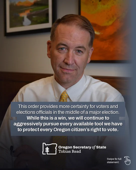 Photo of the Oregon Secretary of State and text that reads: "“The Constitution is clear: states run elections. The USPS doesn’t get to pick and choose who gets ballots. Presidents don’t get to rig elections via executive decree. The USPS rule and the executive order it came from are unconstitutional."