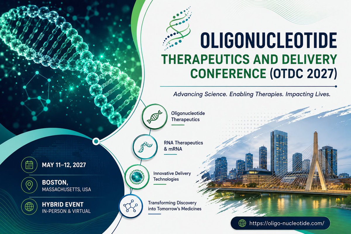 OTDC2027's tweet photo. 🧬 Oligonucleotide Therapeutics &amp; Delivery Conference 2027 is coming to Boston &amp; virtually!
Explore emerging science in Oligonucleotide &amp; RNA Therapeutics. Delivering innovation, transforming tomorrow.
📅 May 11–12, 2027📍 Boston, MA + Virtual (Hybrid)
🔗 https://t.co/DT5ME0RIFl https://t.co/ub7R9Bmuxa