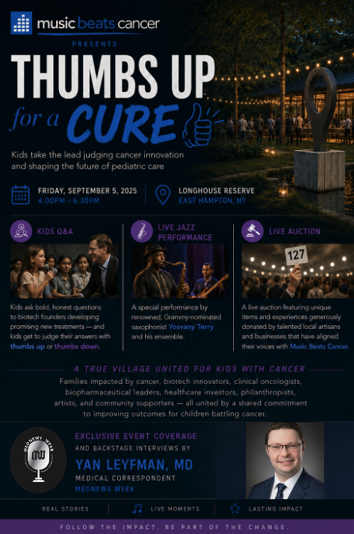 YLeyfman's tweet photo. Cancer research doesn’t advance through science alone—it advances when communities choose to believe in innovation and give promising ideas a chance to reach patients.

I’m honored to support Music Beats Cancer and Thumbs Up for a Cure, taking place September 5 at LongHouse Reserve in East Hampton.

What Mona Jhaveri and the Music Beats Cancer team have built speaks to one of the most difficult realities in cancer research: great science still needs resources, visibility, and people willing to invest in its future.

Their mission is particularly meaningful because it helps mobilize awareness and financial support for emerging biotech innovators developing novel cancer therapeutics—including innovations in rare and underserved cancers, where promising ideas can struggle to attract the capital needed to move forward.

Every breakthrough begins with an idea. Every idea deserves a chance.

Thumbs Up for a Cure brings an entire community around that idea—families impacted by cancer, biotech founders, physicians and scientists, investors, philanthropists, artists, and advocates.

And perhaps most importantly, kids get a seat at the table. They’ll have the opportunity to ask biotech innovators the bold and honest questions themselves—and ultimately give the innovations they hear about a 👍 thumbs up or 👎 thumbs down.

I’m also incredibly grateful to be invited on behalf of MedNews Week to help amplify these stories. We’ll be there providing exclusive event coverage, behind-the-scenes access, and interviews with the innovators and leaders working to change the future of cancer care.

🎗️ Thumbs Up for a Cure
📅 September 5 | 4:00–6:30 PM
📍 LongHouse Reserve | East Hampton, NY
🎷 Kids Q&A • Live Jazz • Live Auction • Cancer Innovation

If you believe that potentially lifesaving cancer innovations shouldn’t disappear simply because they couldn’t find funding, I encourage you to learn more, attend, or support the mission.

Looking forward to celebrating Mona’s vision, the Music Beats Cancer community, and the scientists and entrepreneurs willing to take on some of the hardest problems in cancer.

Together, we can help turn scientific promise into lifesaving reality.
#MusicBeatsCancer #ThumbsUpForACure #CancerInnovation #PediatricOncology #ChildhoodCancer #Biotech #CancerResearch #RareCancers #MedNewsWeek