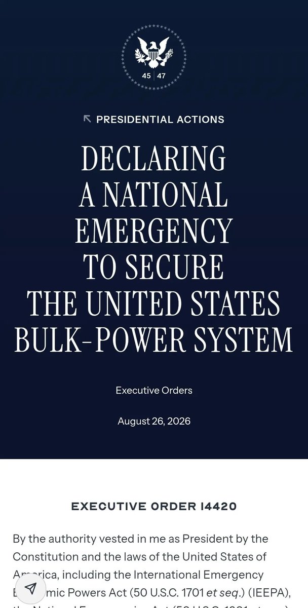 Randy_SwingEdge's tweet photo. $EOSE | EO 14420: US declares national emergency to secure bulk‑power system.
August 26,2026 executive order. Massive power‑supply‑chain shift incoming.Invokes IEEPA powers to restrict risky foreign grid hardware/software. https://t.co/SW9N6toJDF