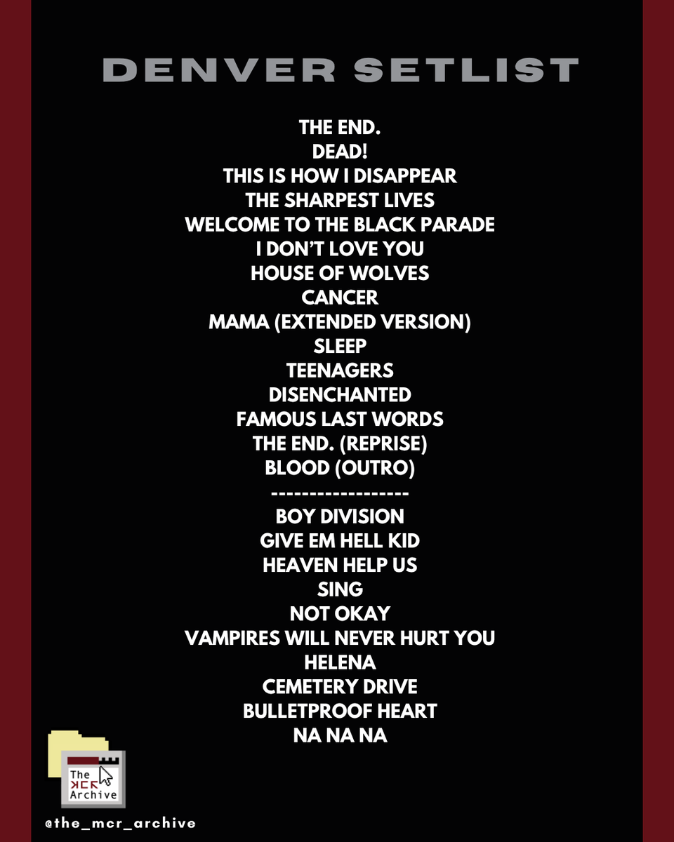 The_MCR_Archive's tweet photo. THE OFFICIAL SETLIST FOR #MCRDENVER!

See you Sunday for #MCRSANDIEGO! https://t.co/ViYwGw7Gtv