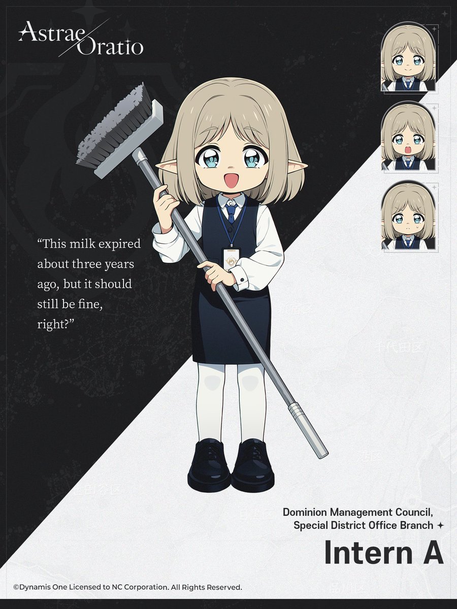 Asora_EN's tweet photo. [Notice from the Special District Office PR Department]

Character Introduction - Intern A

“This milk expired about three years ago, but it should still be fine, right?”

An intern at the Dominion Management Council.
They don’t seem to think too hard about things.

▼ Official Website
https://t.co/FOmAqOGt5Z

#AstraeOratio #Asora