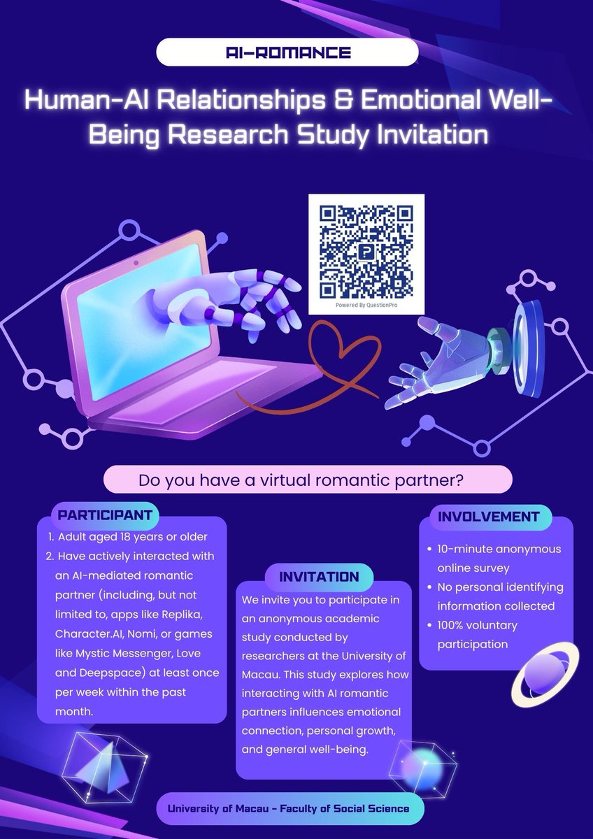 lh8298's tweet photo. 🌸 Exploring Human-AI Romance! 
Help us with a quick 10-minute academic survey for our University of Macau psychology research project!
✅ Adult 18+
✅ Interacted at least 1x/week over the past month
🔒 100% Anonymous
📌 Take the survey https://t.co/fS39Pbl7Kz
Or scan QR below! https://t.co/wLZ6o0UAwc