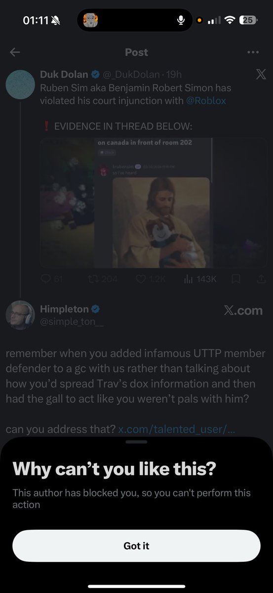 simple_ton__'s tweet photo. we love blocking me instead of addressing provably lying in attempt of ruining trav’s life, participating in multiple vcs doxxing him, and adding a known cp poster/high ranking UTTP member to a gc when we were questioning him about it. do you trust this guy? you really shouldn’t. https://t.co/vryzAj89YQ
