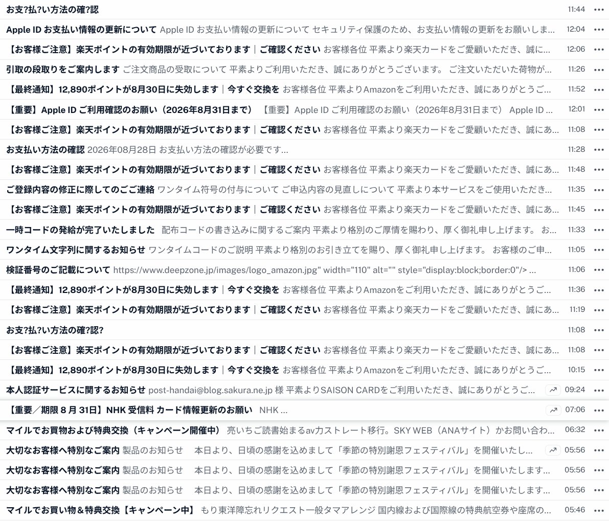 catnap707's tweet photo. 2026/08/28 #今朝の着弾状況 
#フィッシングメール #Phishing #Scam 
#Amazon 
#AppleID #iCloud #AppleMusic 
#ANA #全日空 
#KDDI 
#セゾンカード 
#イオンカード 
#UCカード https://t.co/ddbZ3nmljM