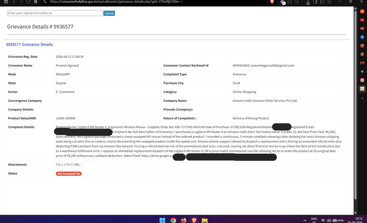 ItsPravesh_'s tweet photo. Legal notice served &amp; NCH Docket #9936577 active. Demand:
1. Full order refund 
2. Offer processing fee back  
3. Deal price-match voucher 
Next step: damages suit on e-Jagriti Consumer Court if not resolved! @AmazonHelp https://t.co/AazQAFpI5B