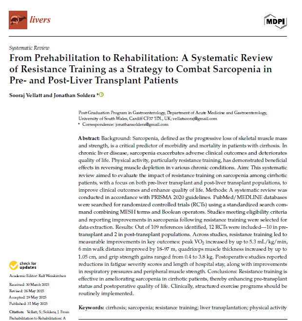 LiversMdpi's tweet photo. 📢 Call for Reading in @LiversMDPI

🧬 Resistance training improved VO2, distance &amp; strength.
🩺 Vellatt &amp; Soldera review on sarcopenia.

📖 https://t.co/4m5Sg0hvJy

#cirrhosis #sarcopenia #resistancetraining https://t.co/OwQpvc6fcA