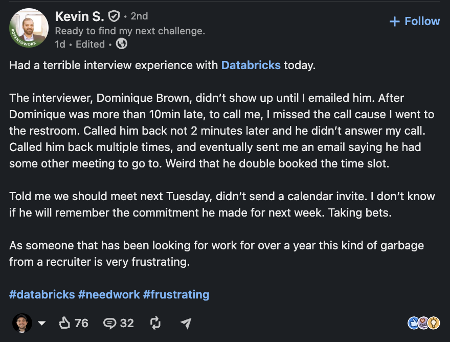 HyperSalesman's tweet photo. How not to land a job in tech https://t.co/uhRAM3vifx
