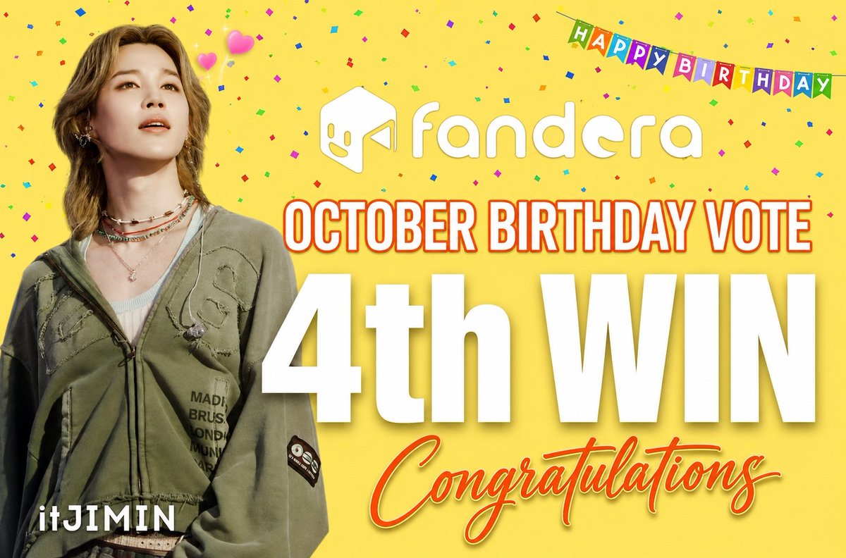 itJIMINvote's tweet photo. 🏆FANDORA Birthday Vote WINNER🏆

FANDORA에서 진행된 10월 생일투표에서 지민이 **35,435,072표**를 획득하며 1위를 차지했습니다! 🎉

Congratulations JIMIN🎊
지민팀 수고 하셨습니다👏👏

🏆 우승 리워드는 아래와 같습니다.
▪️홍대입구 맥스비전 광고 7일

#Jimin4thBirthdayVoteWin
#JIMIN #지민 #ジミン