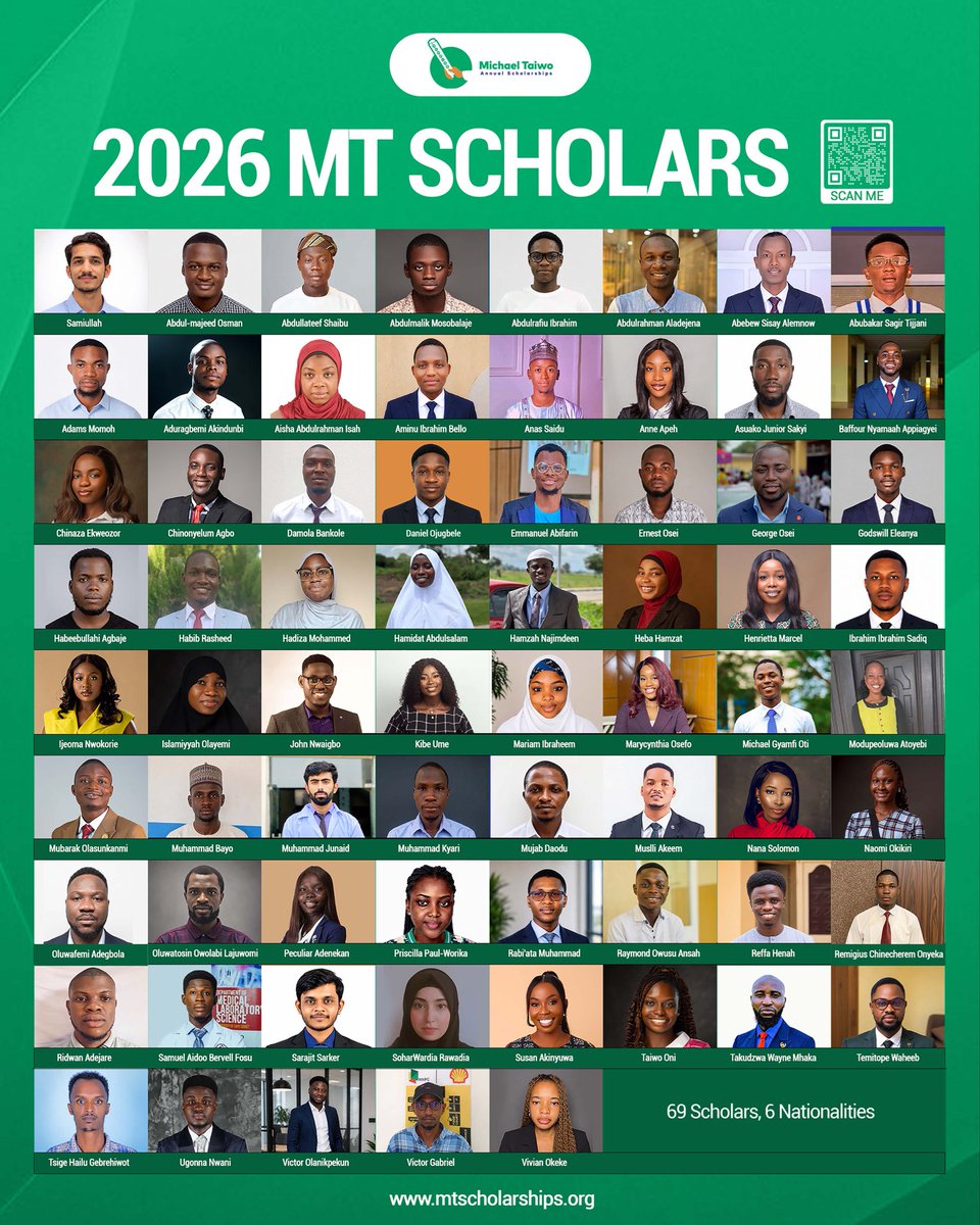 AskMichaelTaiwo's tweet photo. It gives me great joy to announce the winners of the 2026 Michael Taiwo Scholarships.

Ladies and gentlemen, I present to you the 2026 MT Scholars. 

These 69 were chosen out of 9,198 applicants.

Help me congratulate them. https://t.co/ZqtnygEGCf