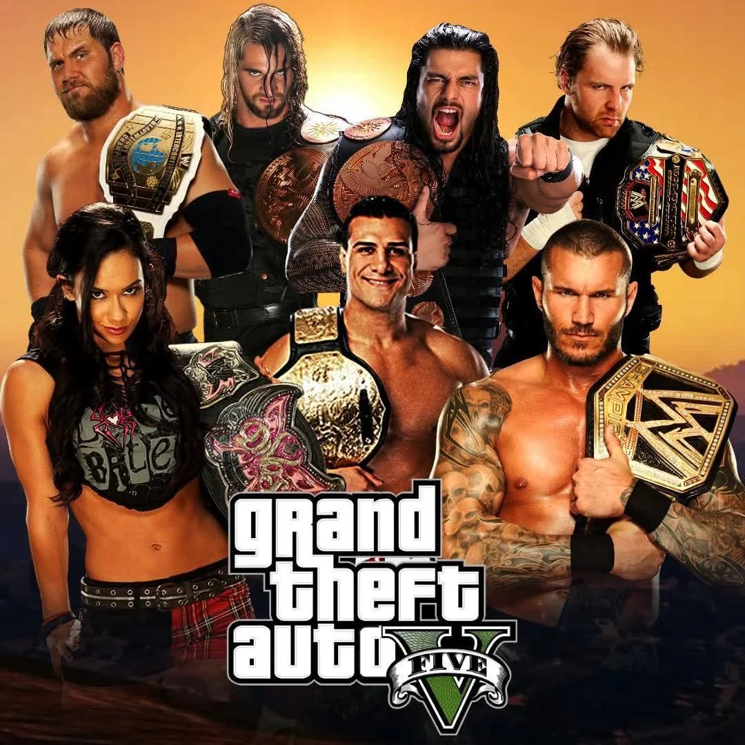 RomanEra0's tweet photo. The Champions in WWE when GTA 5 came out. https://t.co/axoarYd2O6