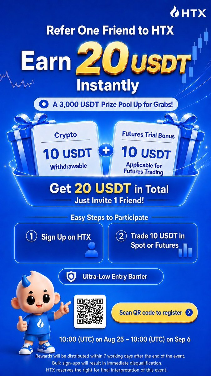 HTXCommunity's tweet photo. 🔥 HTX Double Rewards

🧑‍🤝‍🧑Invite 1 friend to HTX, they trade 10U → you earn 20U (10 withdrawable + 10 trial).
🎁Your friend gets new-user bonuses up to 1,313U.

Go invite, get 20U now!
✍️Find more details here and join now: https://t.co/DLXYroFyKH https://t.co/IxhodZXRbt