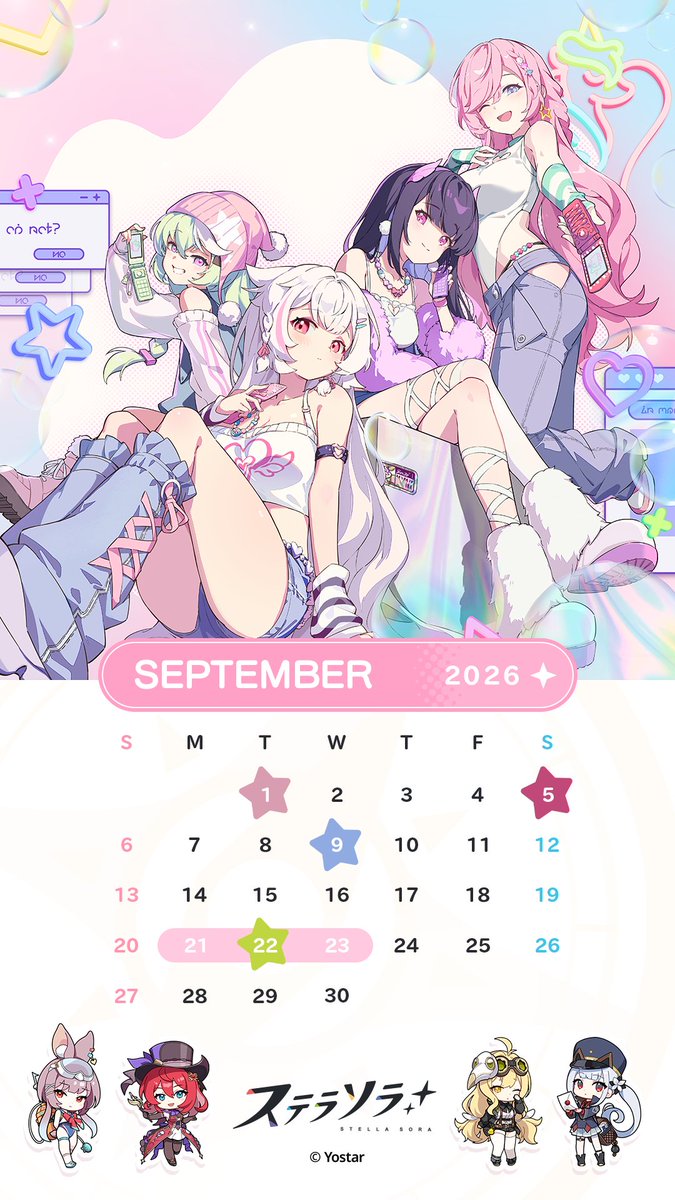 StellaSoraJP's tweet photo. 【📅カレンダー配布】
PC/スマートフォンで壁紙として使用できる、
2026年9月のカレンダーを魔王さんにプレゼント🎁

今回は、花咲旅団のみなさんが担当です🌸

暑さの厳しい日が、まだしばらく続きそうですね💦
少しずつ近づく秋を楽しみにしながら、
残暑を乗り切っていきましょう！
#ステラソラ https://t.co/B5E3exQEm5