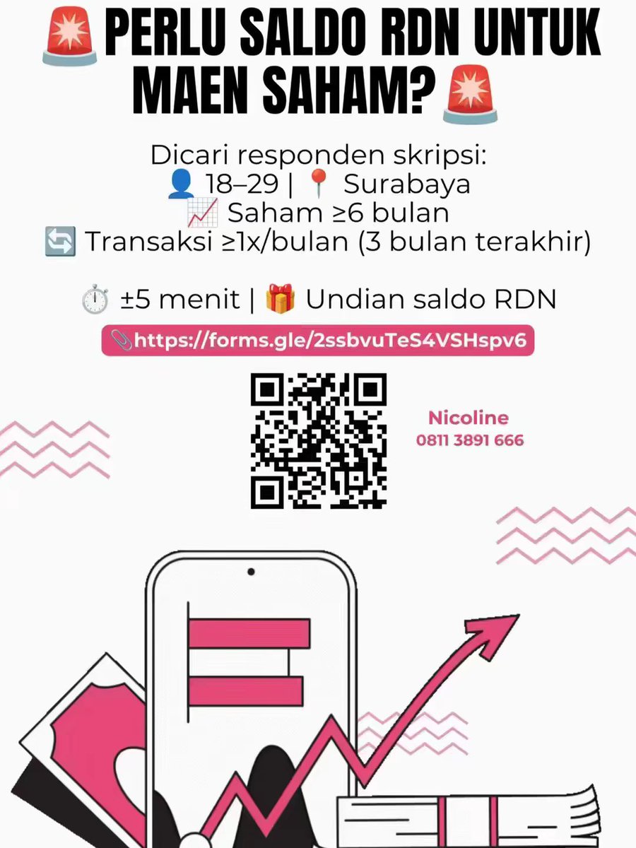 NicolineAn20307's tweet photo. huhu msh kurang 200 responden 💰investor Gen Z Surabaya💸 boleh tolong bantuin mahasiswa akhir ini lulus gak yh?? 🥲🙏

🔗 https://t.co/QILUsKXkKX

#InvestasiSaham #Investor #InvestorSurabaya #InvestorGenZ #Skripsi #Kuisioner #MahasiswaAkhir #ButuhResponden #BantuSayaLulus https://t.co/sRAg01sa0g