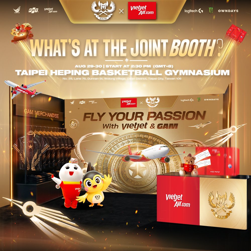 GAMesportsVN's tweet photo. GAM x Vietjet: LCP Finals Weekend (Taipei)!

Join us Aug 29-30, 2:30 PM, for Exclusive gifts &amp; 20% off tickets (Code: VJIN20), a mystery guest meet &amp; greet, and a chance to win free flights!

See you at Heping Basketball Gymnasium!

#GAM #GAMTIME #LoLPacific #Vietjet #EnjoyFlying https://t.co/8iBYVm19G2