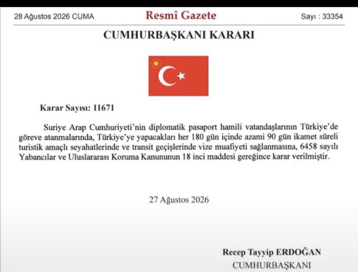 BYYILDIRIM_'s tweet photo. #SONDAKİKA 

Troller inanmaz diye  resmi belgeyi de ekliyorum ‼️

Cumhurbaşkanı’nın kararıyla, Suriyeli diplomatik pasaport sahiplerine Türkiye seyahatlerinde vize muafiyeti tanındı.

Kim bu diplomatlar hepimiz biliyoruz değil mi❓

Belgeye inanmayan troller için resmi linkide ekledim; 

Resmi linki ; https://t.co/9fqJDQ4KLy

 Hayırlı Cumalar