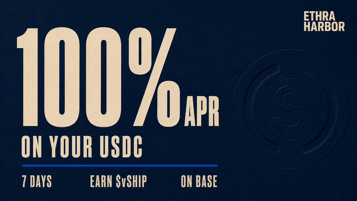 EthraShip's tweet photo. 🚨100% APR on your USDC for 7 days

Our Harbor community grew by 20% this week🤯

To celebrate, every USDC deposit made through Ethra Harbor on @base over the next 7 days gets 100% APR for 7 days.

Earn $vSHIP before launch.

Enter Harbor ↓
https://t.co/vFEKju02YH https://t.co/8LxuEMqxCp