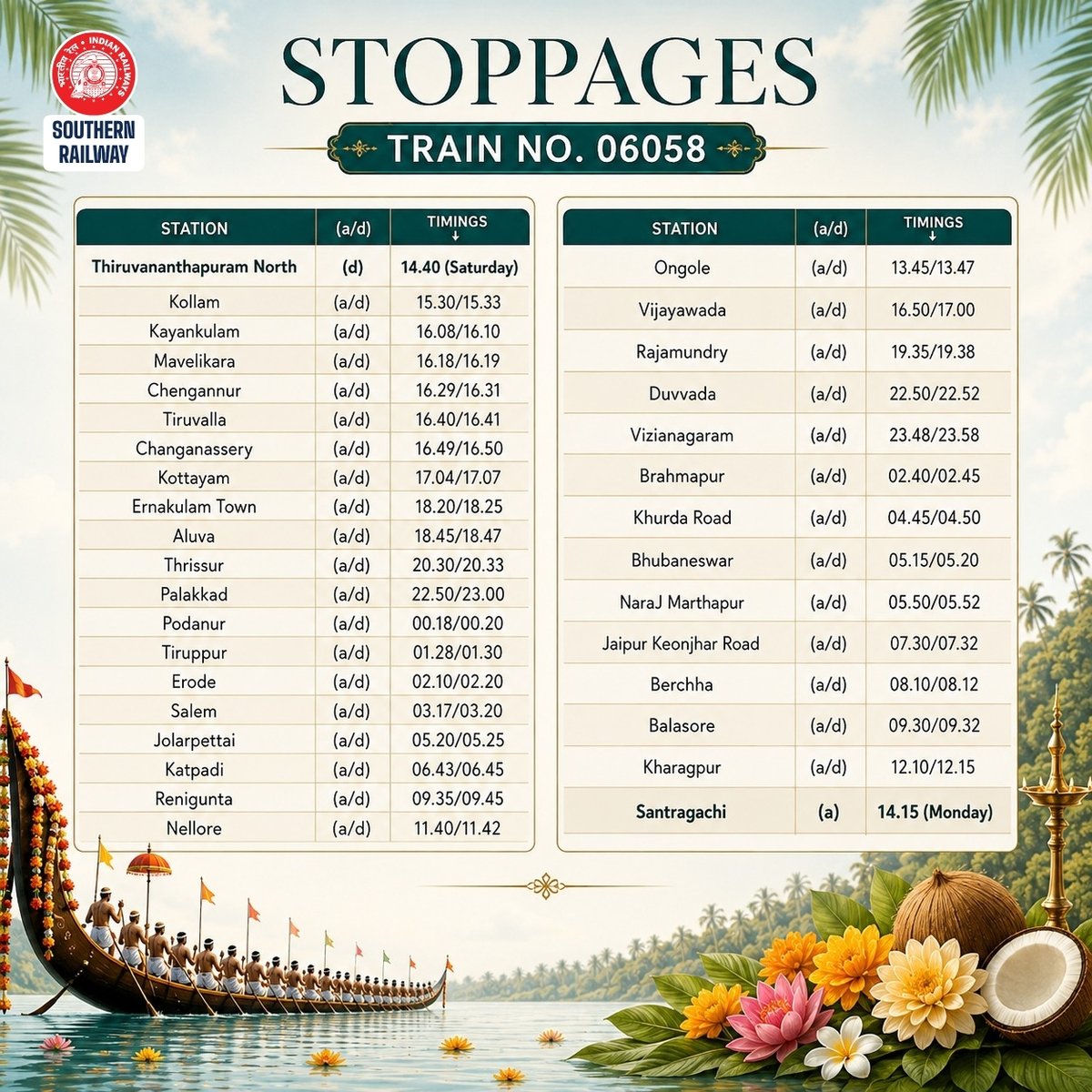 GMSRailway's tweet photo. A One Way Special Express will operate from Thiruvananthapuram North to Santragachi to meet the extra rush of passengers during the festive season.

Advance Reservation are open now. 

#SouthernRailway #IndianRailways #OnamSpecial #Onam2026 #Thiruvananthapuram https://t.co/aemssB8YFv
