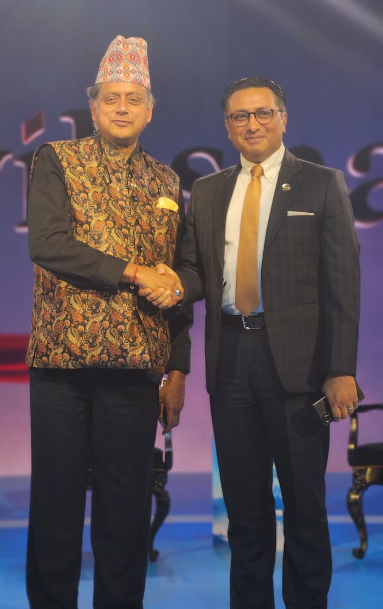 ShashiTharoor's tweet photo. Impressed by @SwarnimWagle, Nepal’s Finance Minister, who spoke thoughtfully about his country’s economic challenges and prospects. I was curious about his Maharashtrian name, and he explained his ancestors migrated to Nepal 800 years ago! There’s a new breed of smart, educated and professional ministers in charge of the new Nepal government, and Mr Wagle, an economist by profession, typifies the breed.  Joined him for dinner at the end.