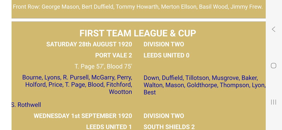 topcarpentero's tweet photo. 28th August 1920
Manager Arthur Fairclough and his captain Jim Baker took newly formed Leeds united to fulfill their first fixture away at Port Vale. It was a bit ironic as Vale had been active in getting Leeds City expelled from the league.

https://t.co/IvSIoQvHMi https://t.co/vH67IsoSJk