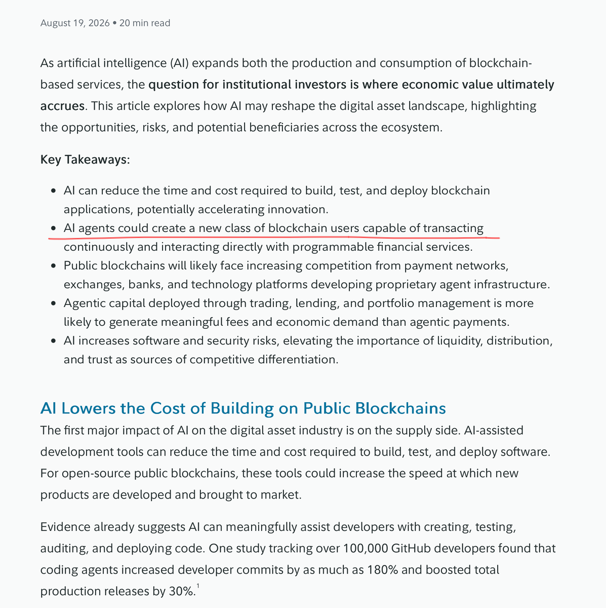 AiCoinzh's tweet photo. Crypto 等 Mass Adoption 等了这么多年，大家默认等的是更多人进来。

但下一批真正大量使用链上金融服务的“用户”，可能根本不是人。

Fidelity 这周关于 AI 和 Digital Assets 的研究里，直接提到了一个可能性：AI Agent 会成为一类新的 Blockchain User，可以持续交易，也可以直接使用可编程金融服务。

其实放到 Agent 身上，这套逻辑很好理解。

一个能自己调用服务、管理资金、执行交易的 Agent，不需要银行几点开门，也没有工作日和周末的概念。它要的是随时能结算、软件可以直接调用，而且最好不用每做一步都等人工授权。

Public Blockchain 刚好能提供这些东西。

但这场竞争并不是 Crypto 自己玩。

银行、支付网络、交易所、科技公司也都在做自己的 Agent Infrastructure。对机器来说，它不会因为“去中心化”三个字就天然选择 Blockchain，最后比的还是哪套轨道更好用。

甚至 Fidelity 在研究里提到，相比单纯让 Agent 去付款，真正可能产生更多费用和经济需求的，反而是交易、借贷和资产管理。

这就让 AI × Crypto 这件事变得不太一样了。

以前讨论 Mass Adoption，总是在想怎么让更多人学会钱包、私钥和链上操作。

以后可能反过来：机器根本不需要学这些，它只需要一个能直接调用的金融系统。

最后这个系统是不是 Blockchain，现在还不好说。

但如果是，Crypto 等来的下一批大用户，可能连钱包界面都不会看一眼。