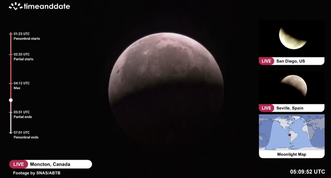 PostMKG's tweet photo. Visual Puncak "Gerhana Bulan Sebagian" (Parsial) hari ini : 28 Agustus 2026 ± 11:15 WIB yang teramati dari wilayah KANADA, USA, SPANYOL. 
===
@Mas_Annadwi 
Live Streaming :: #AfarTV &amp; #timeanddate
*** https://t.co/CZsibXl2So