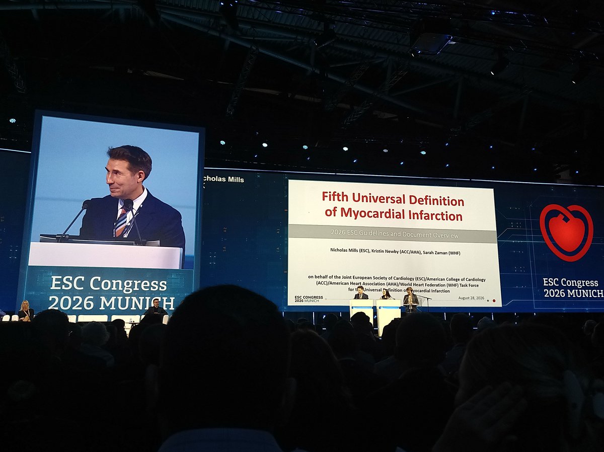 franciscojlk's tweet photo. 🫀Types 1, 2, 3, 4 and 5 myocardial infarction as we knew them are gone.

Perhaps the most important conceptual change presented this morning at #ESCCongress comes from the Fifth Universal Definition of Myocardial Infarction.

The new classification moves away from numbers and toward pathophysiology.

We now have three clinical categories:

Primary MI now includes the complete spectrum of acute primary coronary pathology, not only atherothrombosis.

Plaque rupture or erosion, spontaneous coronary artery dissection, coronary embolism and coronary vasospasm all belong here.

Even restenosis, stent thrombosis or graft failure occurring more than 30 days after a procedure are considered new primary coronary disease rather than late procedural MI.

This fundamentally cleans up one of the problems of the old Type 2 classification.

And Type 2 MI?

The concept becomes secondary myocardial infarction, but importantly with greater diagnostic specificity.

An ICU patient with sepsis, anaemia, hypoxaemia, hypotension, tachyarrhythmia or severe hypertension may have a rise and fall in troponin.

That establishes acute myocardial injury.

It does not automatically establish myocardial infarction.

For secondary MI, the injury must occur in the context of oxygen supply–demand imbalance with evidence supporting myocardial ischaemia, and the new document places much greater emphasis on objective coronary or cardiac imaging when appropriate.

For those of us working with critically ill patients, this distinction matters enormously.

Troponin is a marker of myocardial injury.
Ischaemia makes it myocardial infarction.
The mechanism tells us which infarction we are dealing with.

There are other major changes.

Type 3 MI disappears. Sudden cardiac death suspected to be due to MI should instead be classified as primary, secondary or procedure-related according to the clinical setting or post-mortem findings.

Types 4 and 5 disappear as separate entities. PCI- and surgery-related events are unified under procedure-related MI, applying a common mechanistic framework to cardiac procedures.

And importantly, the old arbitrary troponin thresholds of 5× and 10× the 99th percentile are no longer the basis for defining PCI- and CABG-related MI. The emphasis shifts toward demonstrating a clinically meaningful procedural coronary complication and myocardial consequences.

Another fascinating change:

MINOCA no longer means “myocardial infarction with non-obstructive coronary arteries”..It is now “myocardial injury with non-obstructive coronary arteries.”

A deliberate reminder that MINOCA is a working diagnosis, not an aetiological endpoint.

@European Society of Cardiology
@escardio
#ESCCongress #MyocardialInfarction #Troponin #ACS #CriticalCare #Cardiology @escardio @ACCinTouch @American_Heart @worldheartfed @ehj_ed
@KralerSimon @drmilicaa