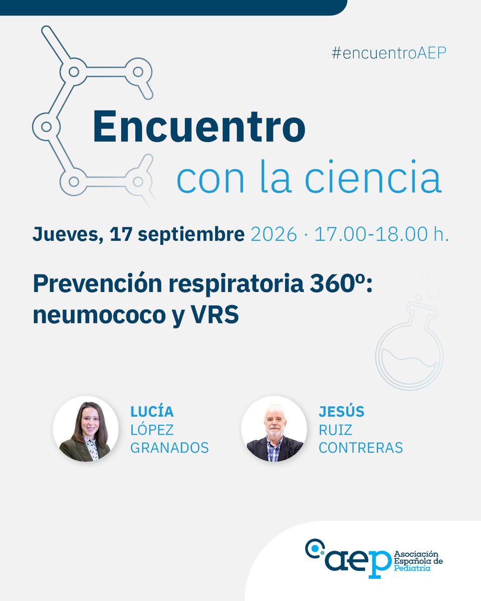 aepediatria's tweet photo. Prepárate!!! el nuevo Encuentro con la ciencia: "Prevención respiratoria 360º: neumococo y VRS"
Ponentes: Jesús Ruiz Contreras y @luciagranados82 , del @CAV_AEP.
🗓️Jueves 17 de septiembre,
⏱️ 17:00-18:00h
#EncuentroAEP
No te lo pierdas!! https://t.co/cGUXGqovSU