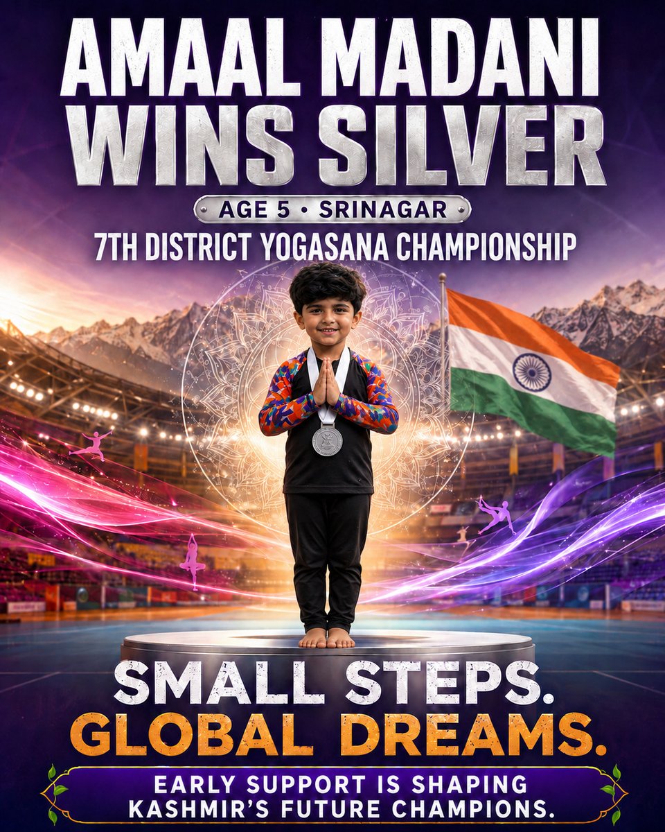 BadaltaSopore's tweet photo. Small steps, big dreams! 🥈✨ Congratulations to Amaal Madani on winning Silver at the 7th District Yogasana Championship! 🇮🇳💪 #Kashmir #Champion #Yogasana https://t.co/Kfdjrdikjs