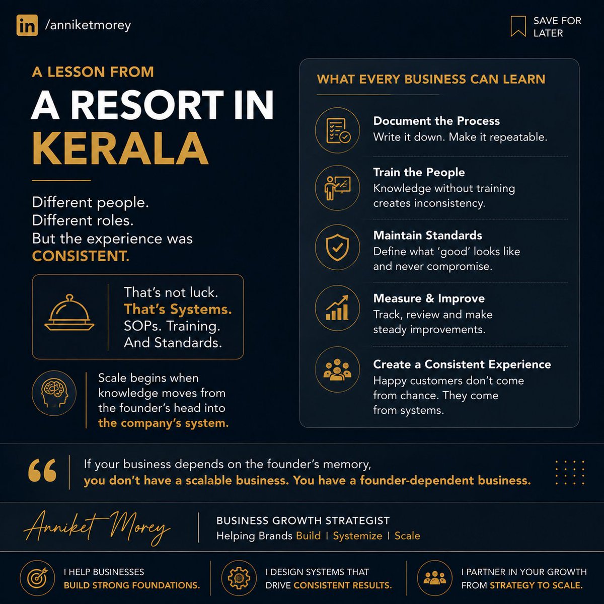 AnniketMorey's tweet photo. A resort in Kerala reminded me of a basic business truth:

Consistent customer experience doesn't happen by accident.

It comes from:

SOPs + training + systems.

If your business depends on the founder explaining everything, you don't have a scalable franchise system yet.

#Franchising #BusinessGrowth #BrandBuilding #Entrepreneurship #BusinessExpansion #MSME #FranchiseBusiness