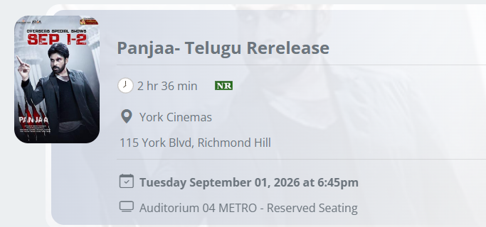 PrathyangiraUS's tweet photo. #Panjaa4K - Canada 🇨🇦

York Cinemas - Richmond Hill, ON - Bookings Open Now for Sept 1 &amp; 2. https://t.co/LW4KaVi45L