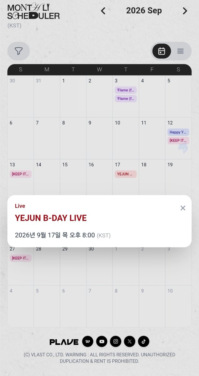 love_is_cherry's tweet photo. *

📁   2026년 09월  _  스케줄  . zip

▫️ 09/03 (목)  6PM   Flame  M/V  ✨️

▫️ 09/12 (토)  7PM   월드투어 (인천)
▫️ 09/13 (일)  7PM   월드투어 (인천)

▫️ 09/17 (목)  8PM   B-DAY LIVE  💙
▫️ 09/21 (월)  8PM   PLAVE LIVE  ❔️

▫️ 09/26 (토)  6PM   월투 (가나가와)
▫️ 09/27 (일)  4PM   월투 (가나가와)

ㅡ
🔗https://t.co/IUW5egt4Mi

#플레이브