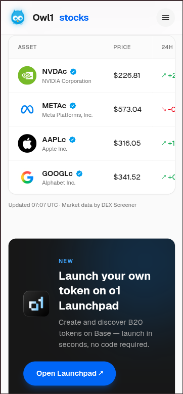 owl1fun's tweet photo. Stocks never sleep. Neither do we. 🦉

Track @coinbase  Tokenized Stocks on Base base:0xb20000000000000000000078ee7ce2fe4908108c  $AAPLc base:0xb2000000000000000000008bc8786b856e61707c base:0xb2000000000000000000002d0ba3164cc74f58b7  with live prices, liquidity pools, and verified contracts, all in one place.

Backed 1:1 by real shares and built for 24/7 onchain trading.

Your onchain stock dashboard is live:
https://t.co/gp7Z095w78

Source: @base - https://t.co/4rMFoNgBN2
Market data: DEX Screener

Built for the 24/7 stock market on Base. 🦉