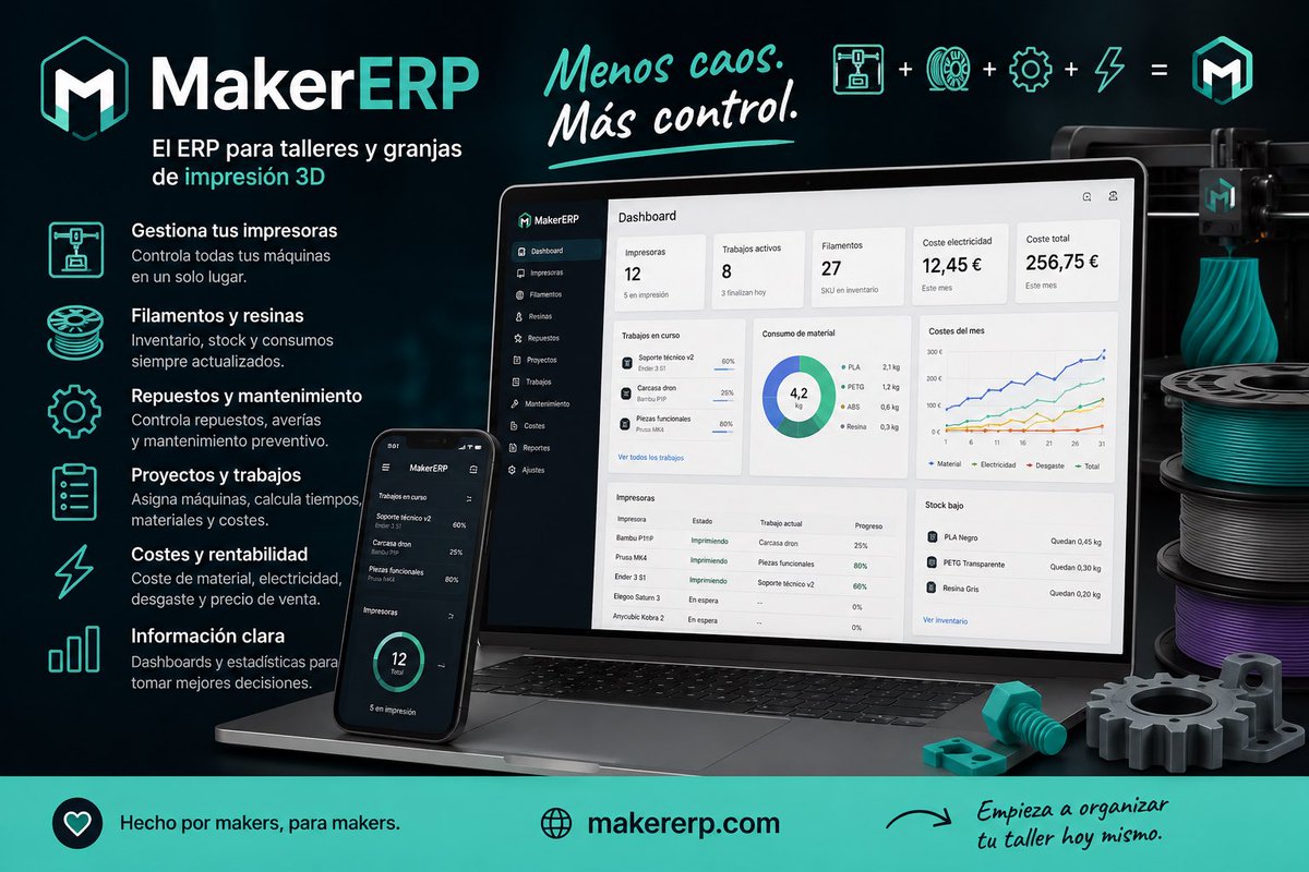 MakerERP's tweet photo. ¿Sigues gestionando tu taller de impresión 3D con Excel, notas y memoria? 

Máquinas, filamentos, repuestos, trabajos, horas, costes…

Cuando empiezan a crecer las impresoras, el caos también crece.

👉 https://t.co/MErD76sbpa

#Impresion3D #3DPrinting #Maker #3DPrint https://t.co/fjETtJlwN0