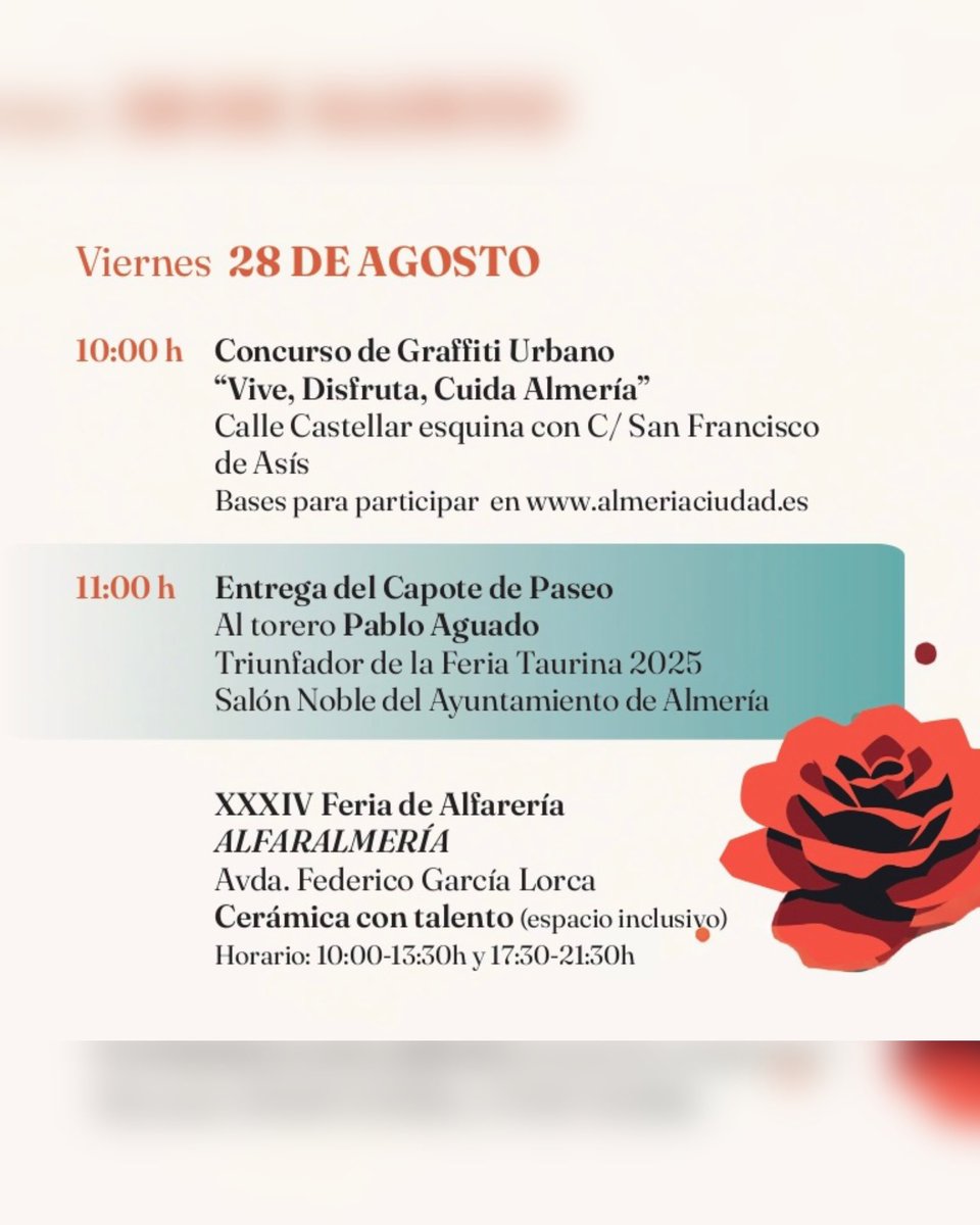 aytoalm's tweet photo. ¡Último viernes de Feria de Almería 2026! 

Toma nota y no te pierdas nada.

⛈️ La celebración de las actividades de calle queda hoy condicionada por la evolución de las condiciones meteorológicas. https://t.co/y4Or1fabYe