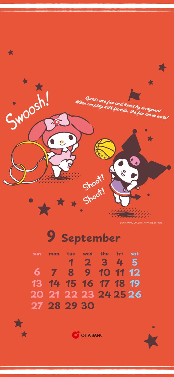 oita_bank's tweet photo. 9月の #マイメロディ カレンダーをプレゼント🎁
朝晩は少しだけ過ごしやすくなってきた今日この頃🌞
スポーツで汗を流し、心も身体もすっきりリフレッシュしたいですね♪
🎾⚽🚣‍‍⚾🏀🏓🏐🚣‍🏈🏊‍🏄‍
#サンリオ
#大分銀行 https://t.co/BvPUEu4GF5